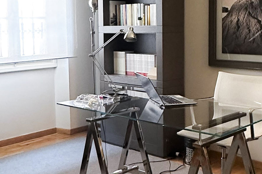 Scrivania dello studio con libreria, lampada e computer